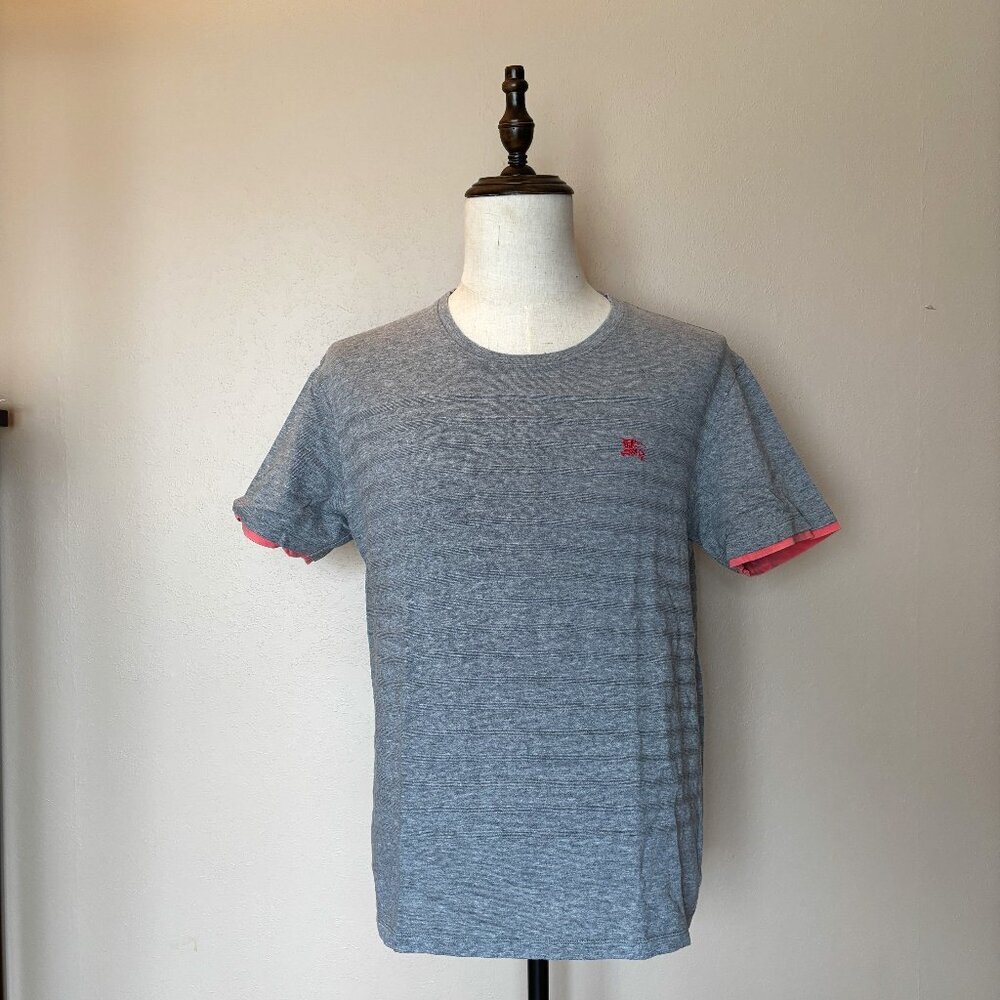 Burberry Black Label Men’s Gray T-Shirt – Size 3 (M), Red Logo, Pink Trim